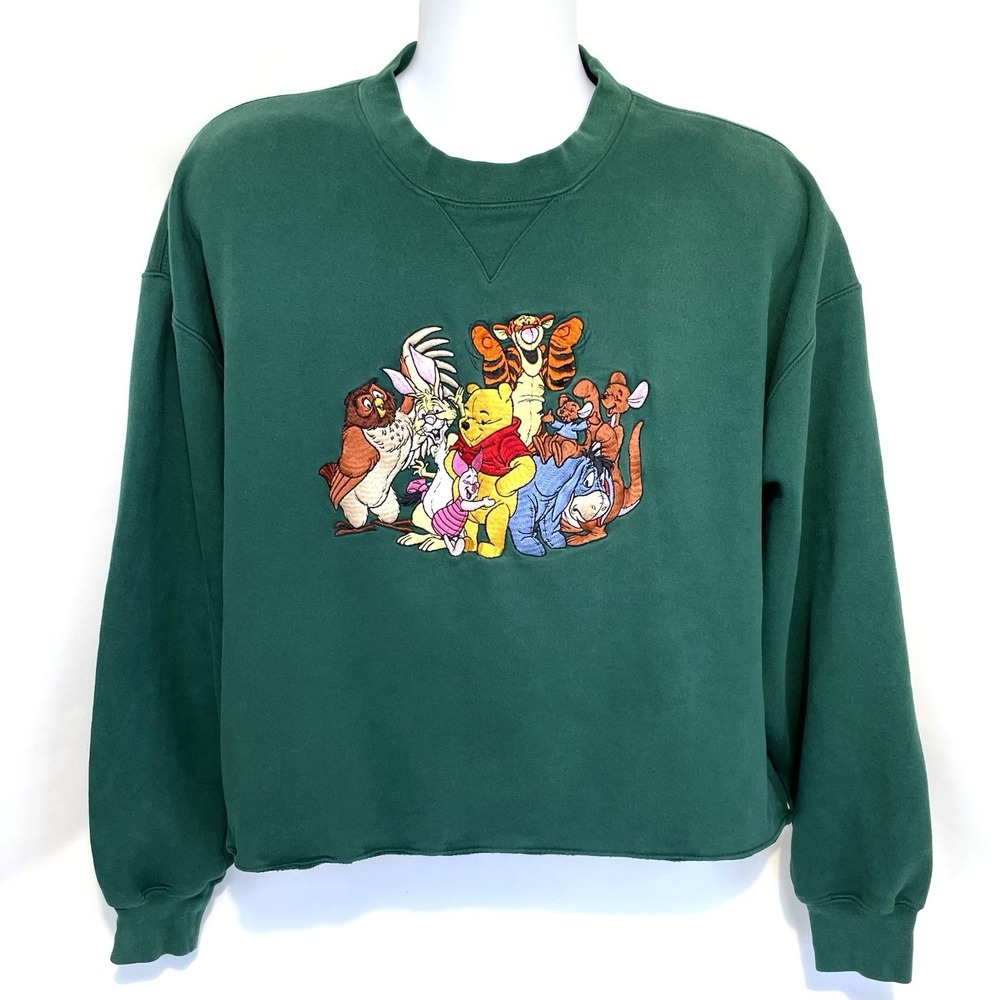 Vintage Disney Winnie Pooh Friends Womens L Green Cropped Embroidered Sweatshirt